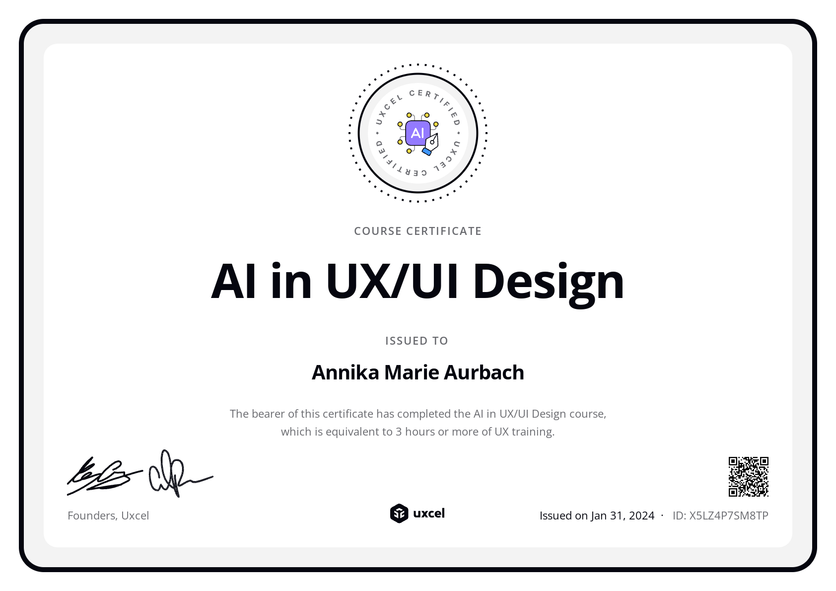 Annika Marie Aurbach's certificate